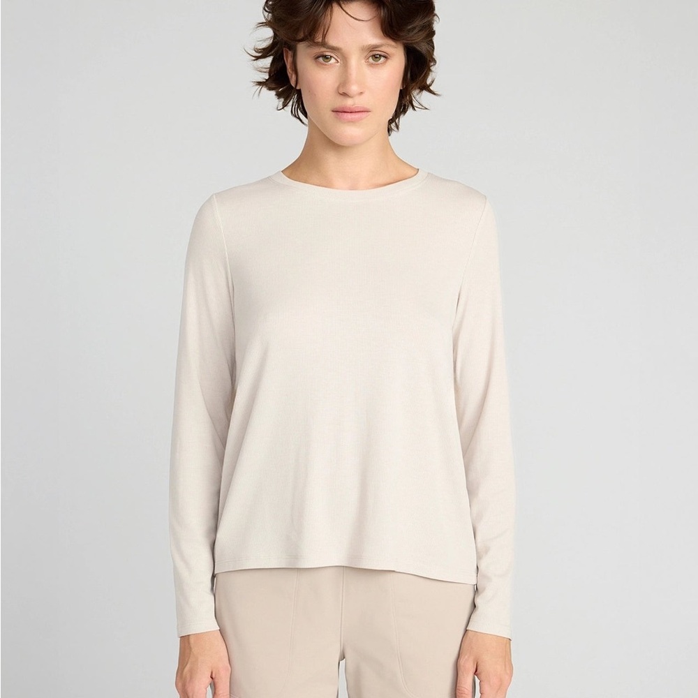 🆕 Mondetta Minimalist Long Sleeve Ribbed Crewneck Tencel Top in Light Cream